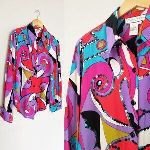 Vintage Diane Gilman 100% Silk Colorful Geometric Swirl Blouse Top L Art to Wear